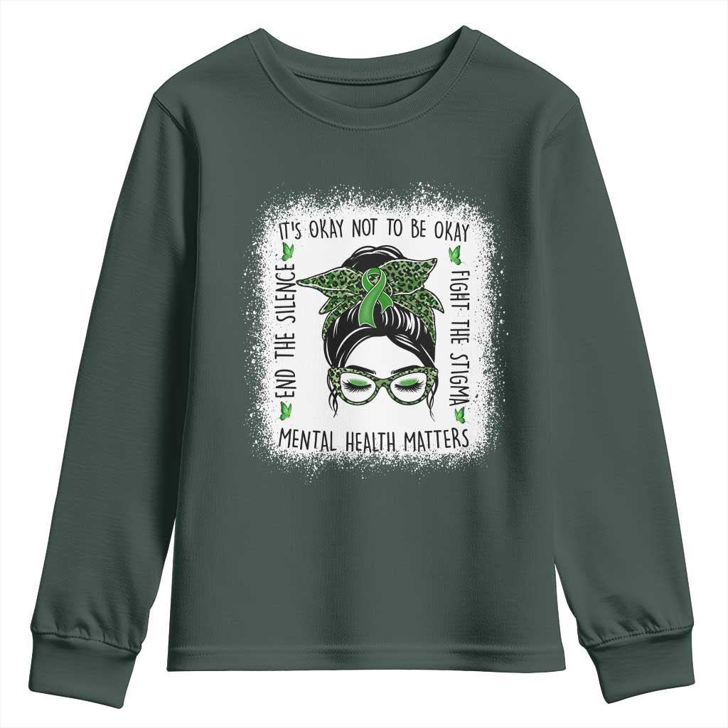Mental Health Matters Youth Sweatshirt Messy Bun Green Ribbon Support TS14 Dark Forest Green Print Your Wear