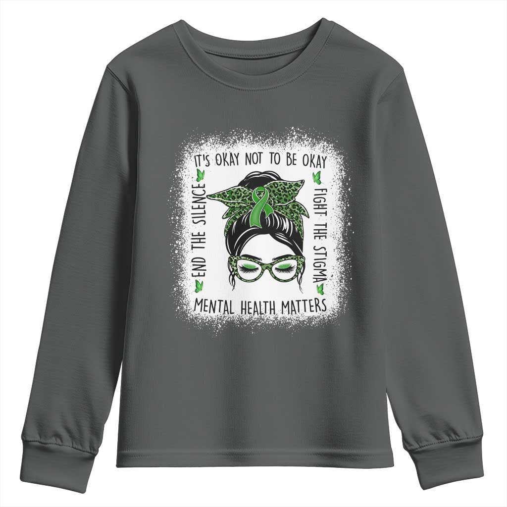 Mental Health Matters Youth Sweatshirt Messy Bun Green Ribbon Support TS14 Dark Heather Print Your Wear