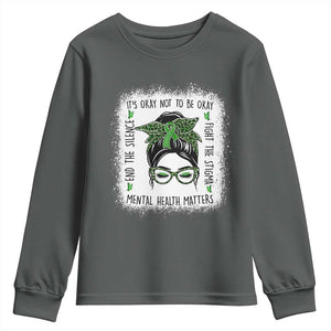 Mental Health Matters Youth Sweatshirt Messy Bun Green Ribbon Support TS14 Dark Heather Print Your Wear