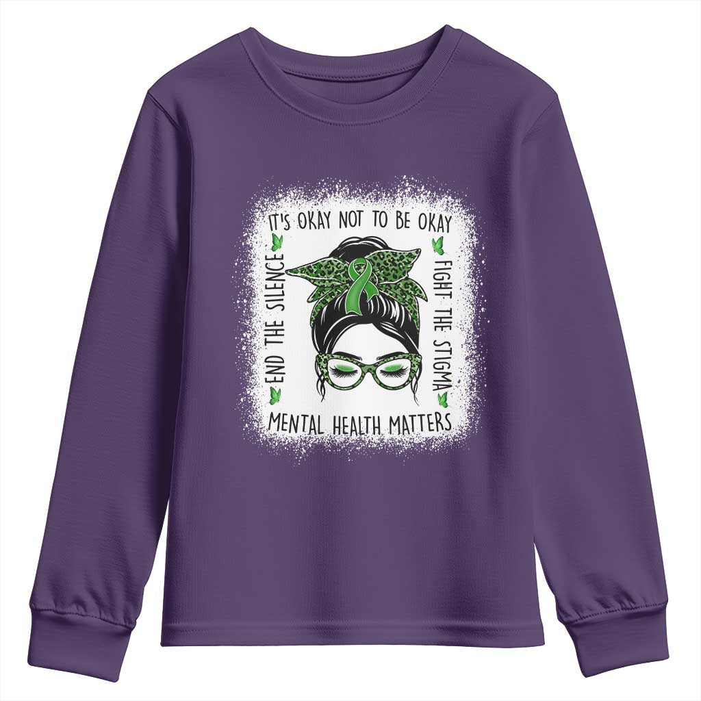 Mental Health Matters Youth Sweatshirt Messy Bun Green Ribbon Support TS14 Purple Print Your Wear