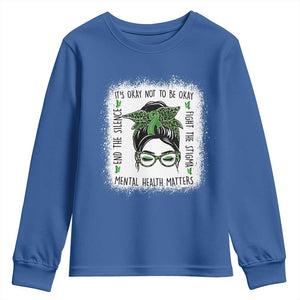Mental Health Matters Youth Sweatshirt Messy Bun Green Ribbon Support TS14 Royal Blue Print Your Wear