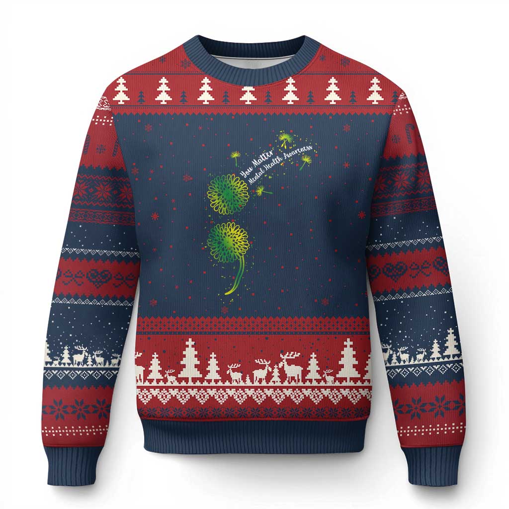 Mental Health Awarenes Ugly Christmas Sweater Semicolon Dandelion You Matter TS14 Navy Red Print Your Wear