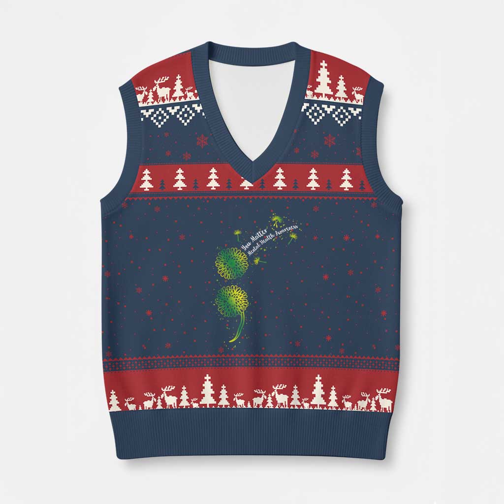 Mental Health Awarenes V-Neck Knit Sweater Vest Semicolon Dandelion You Matter TS14 Navy Red Print Your Wear