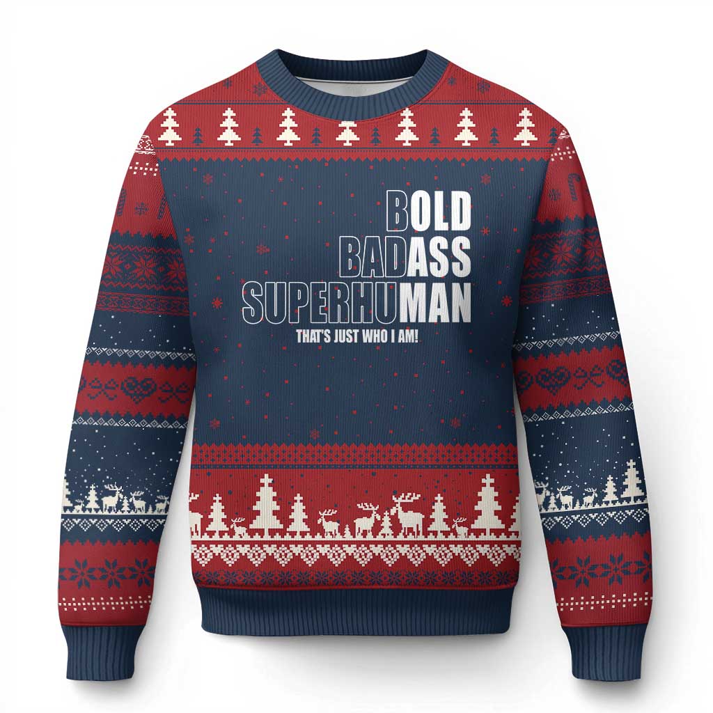Bold Badass Superhuman Old Ass Man Ugly Christmas Sweater Funny Grandpa Dad Motivational Quote TS14 Navy Red Print Your Wear