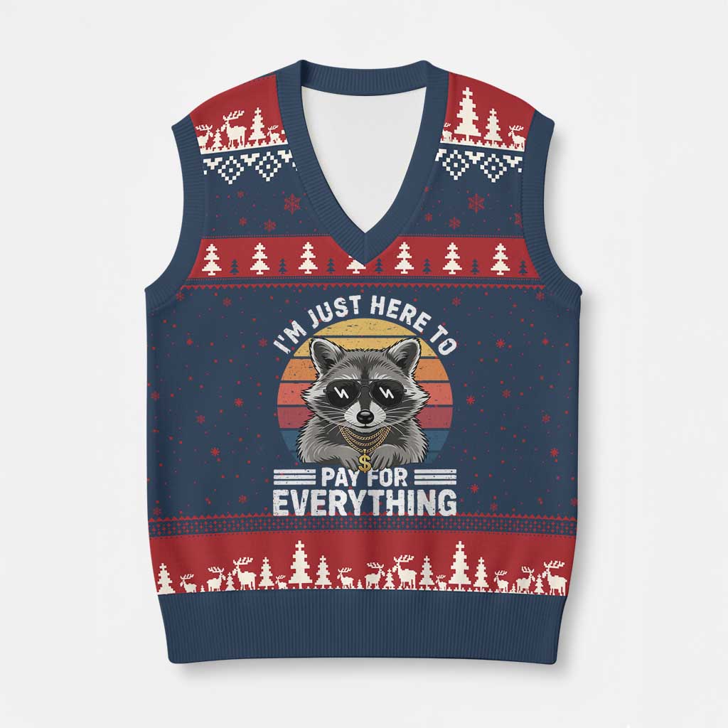 I'm Just Here to Pay for Everything V-Neck Knit Sweater Vest Funny Raccoon Dad Granpa Joke