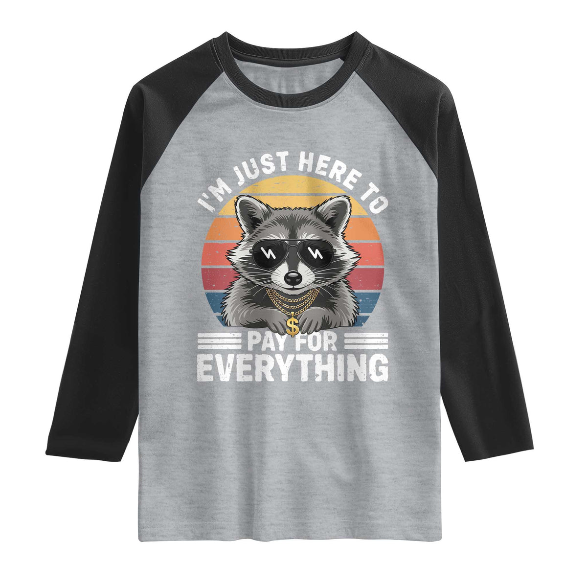 I'm Just Here to Pay for Everything Raglan Shirt Funny Raccoon Dad Granpa Joke