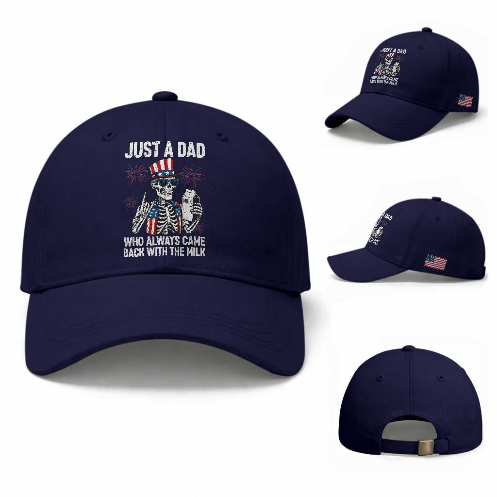 Just a Dad Who Always Came Back with The Milk Baseball Cap Funny Skeleton Dad 4th Of July