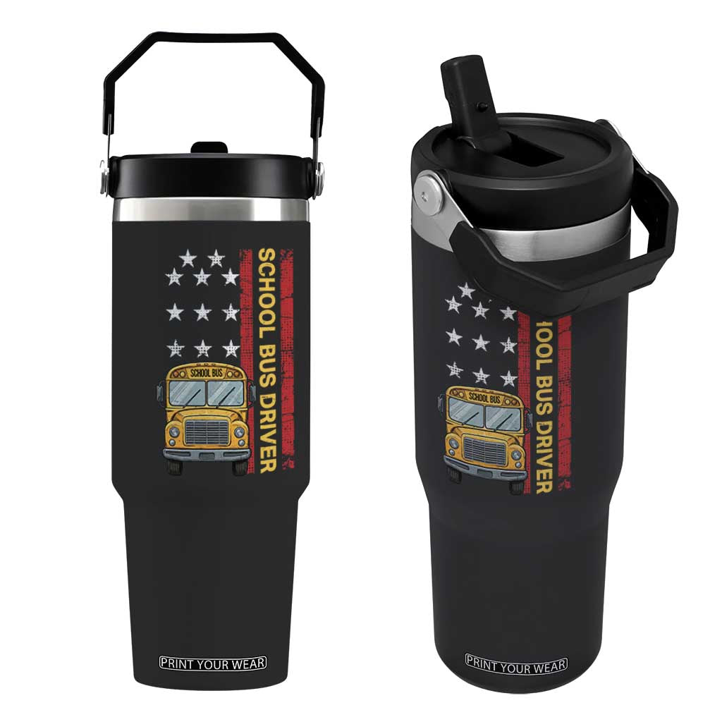 Patriotic School Bus Driver USA American Flag Flip Straw Tumbler