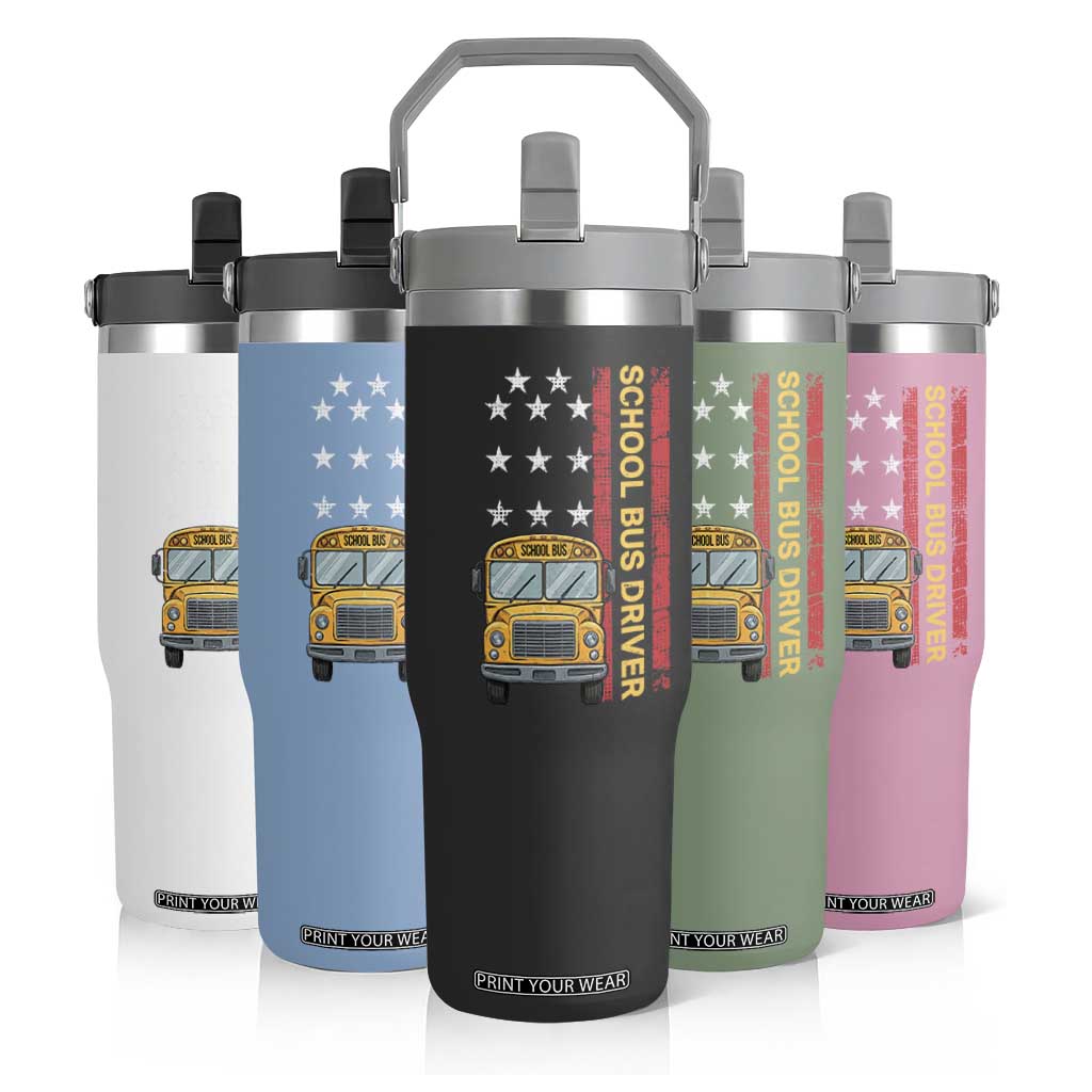 Patriotic School Bus Driver USA American Flag Flip Straw Tumbler
