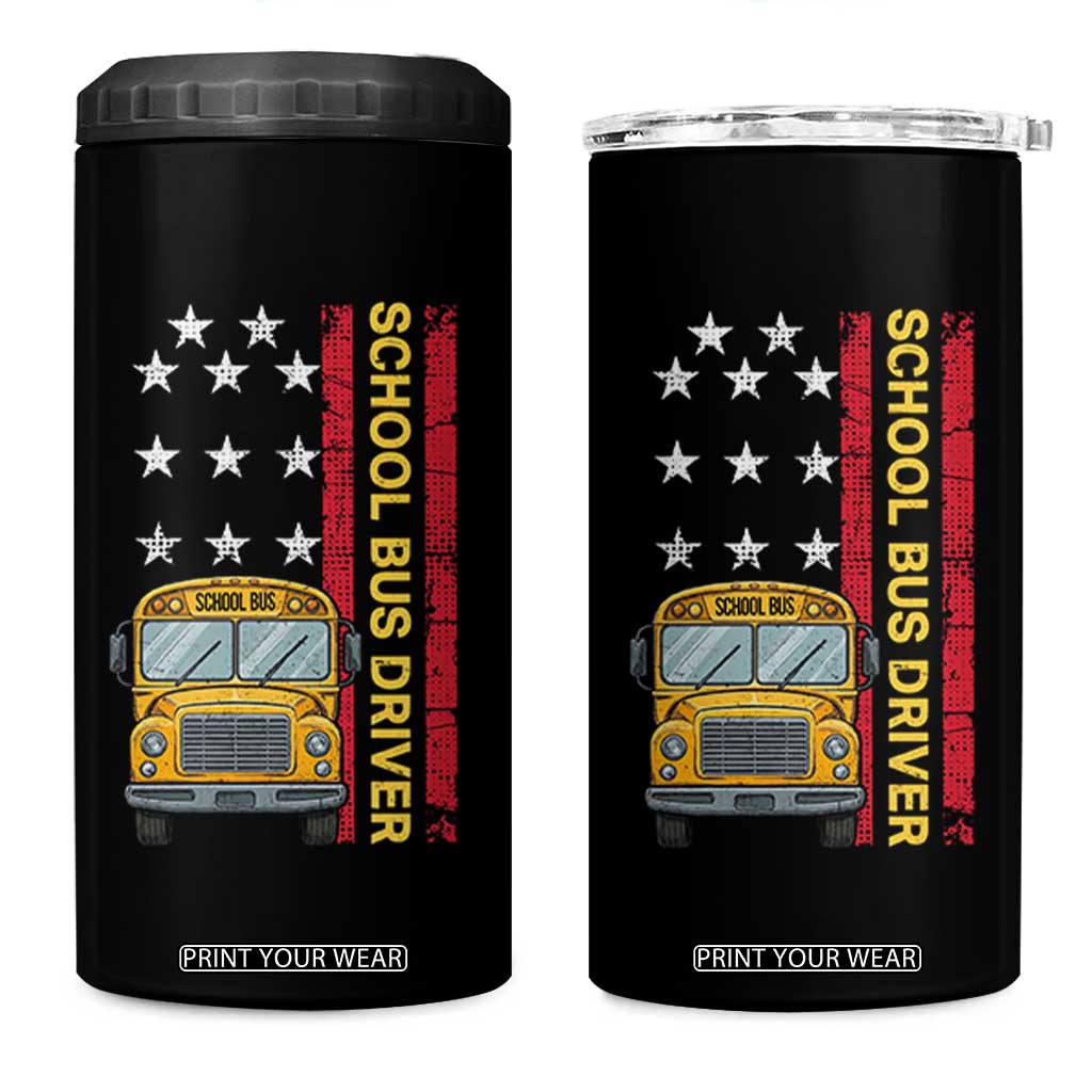 Patriotic School Bus Driver USA American Flag 4 in 1 Can Cooler Tumbler