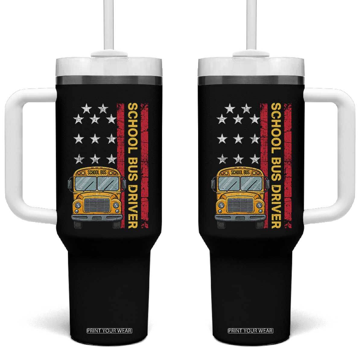 Patriotic School Bus Driver USA American Flag Tumbler With Handle TS14 One Size: 40 oz Black Print Your Wear