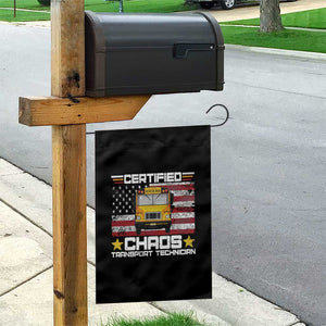 Certified Chaos Transport Technician Garden Flag Patriotic School Bus Driver USA American Flag