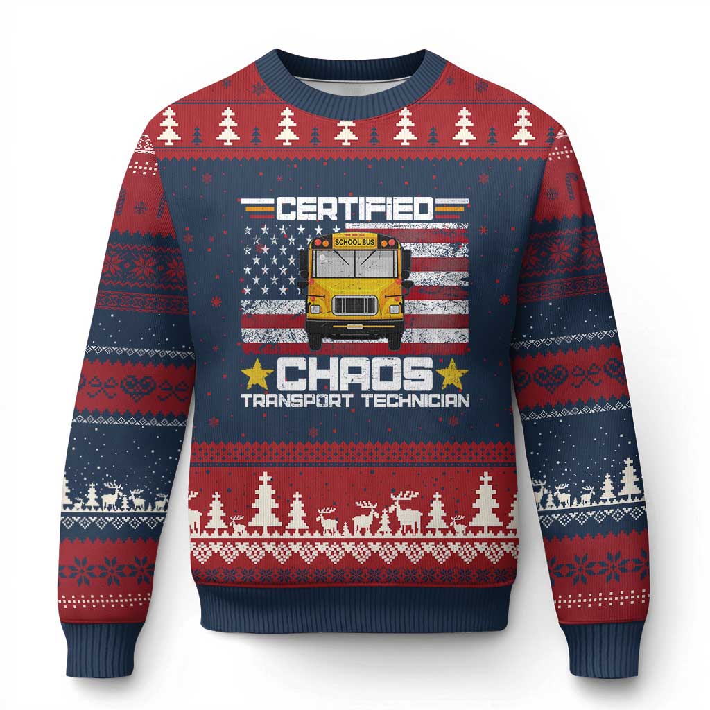Certified Chaos Transport Technician Ugly Christmas Sweater Patriotic School Bus Driver USA American Flag