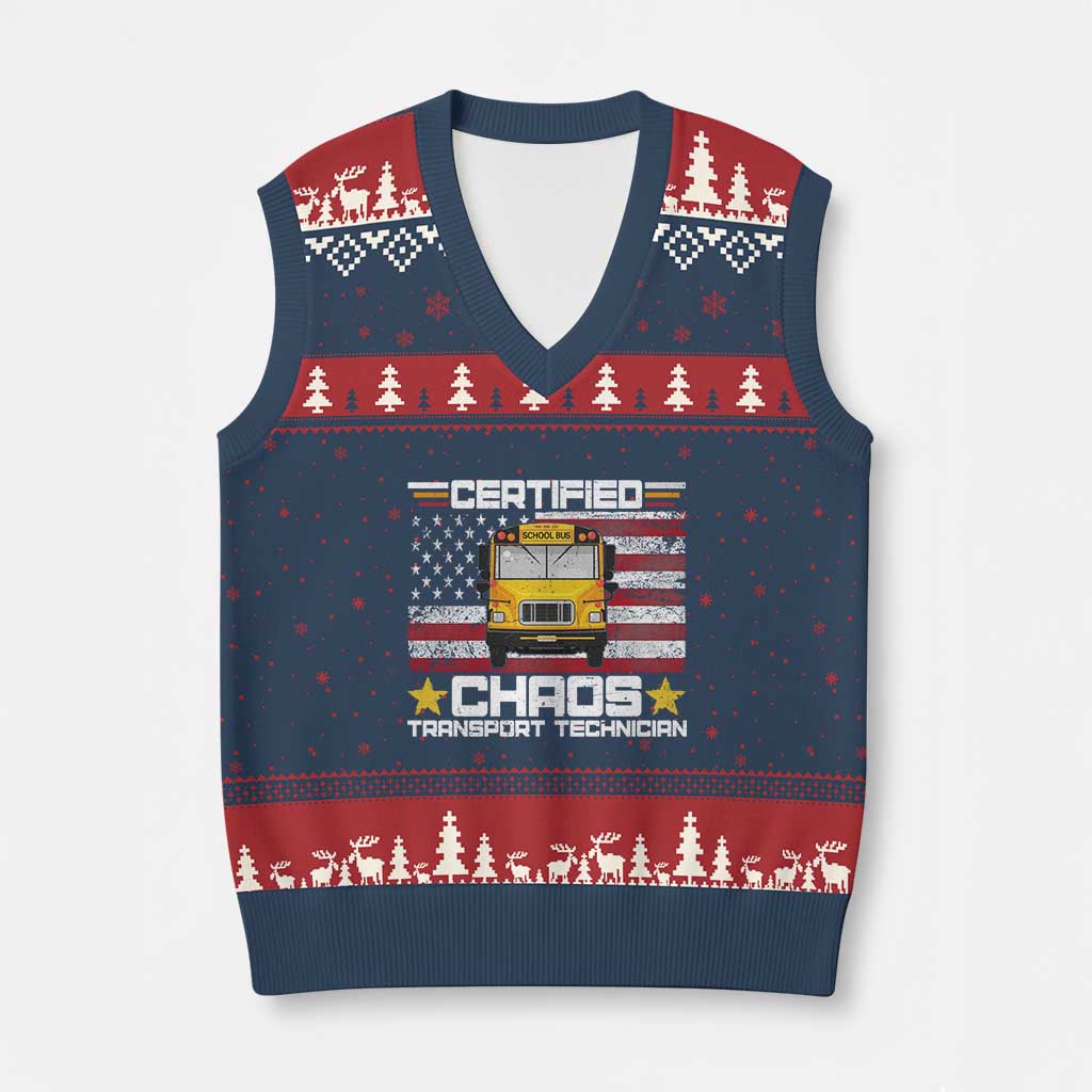 Certified Chaos Transport Technician V-Neck Knit Sweater Vest Patriotic School Bus Driver USA American Flag