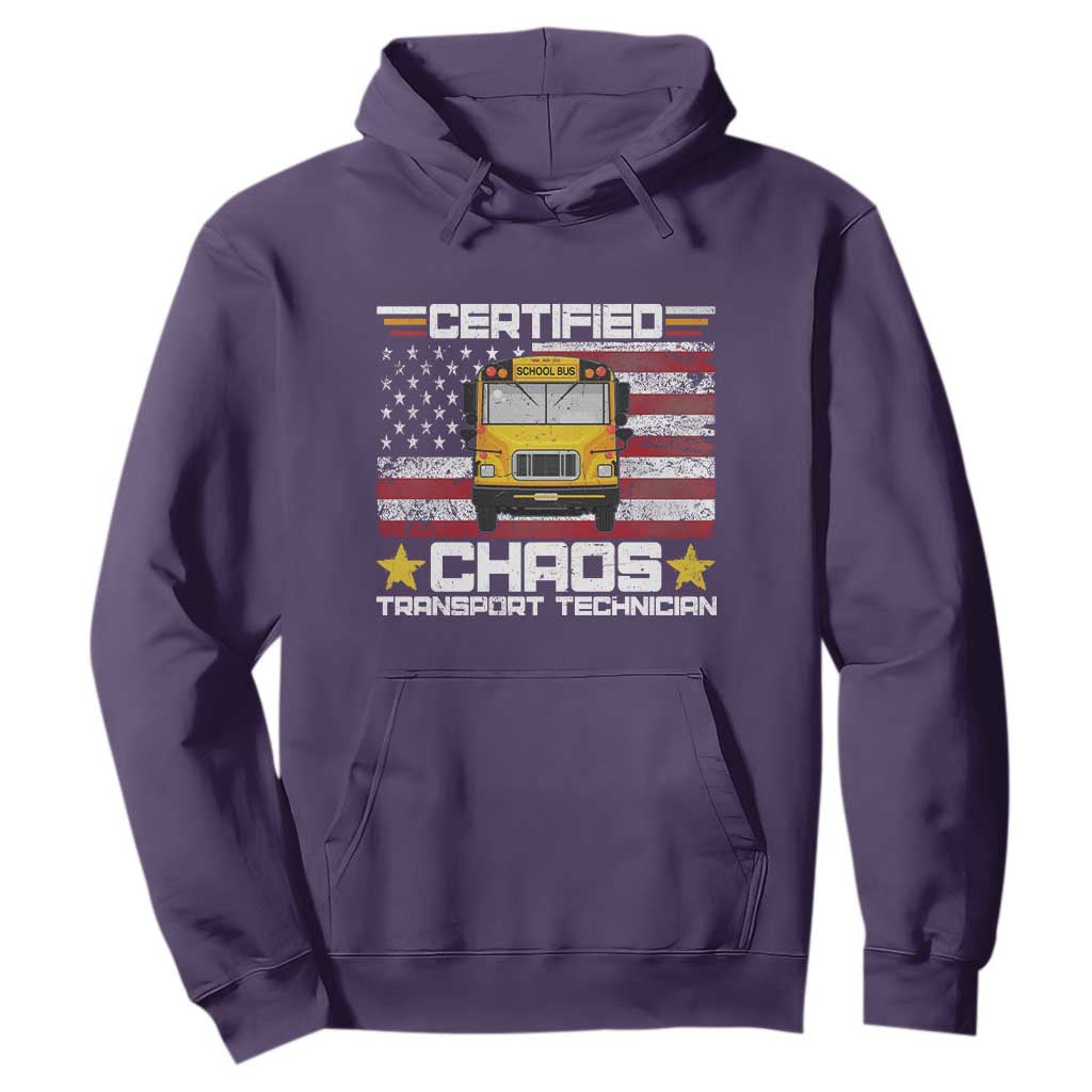 Certified Chaos Transport Technician Hoodie Patriotic School Bus Driver USA American Flag