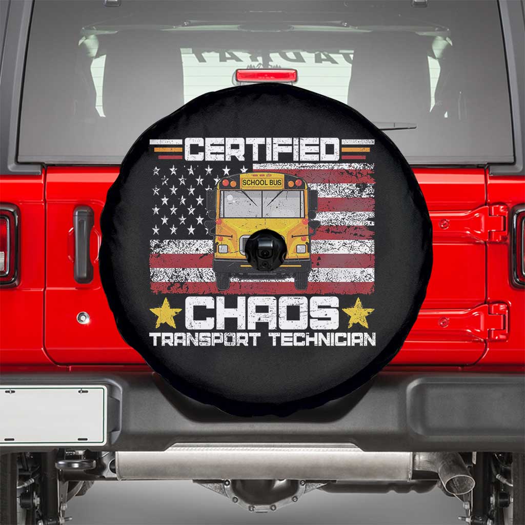 Certified Chaos Transport Technician Spare Tire Cover Patriotic School Bus Driver USA American Flag