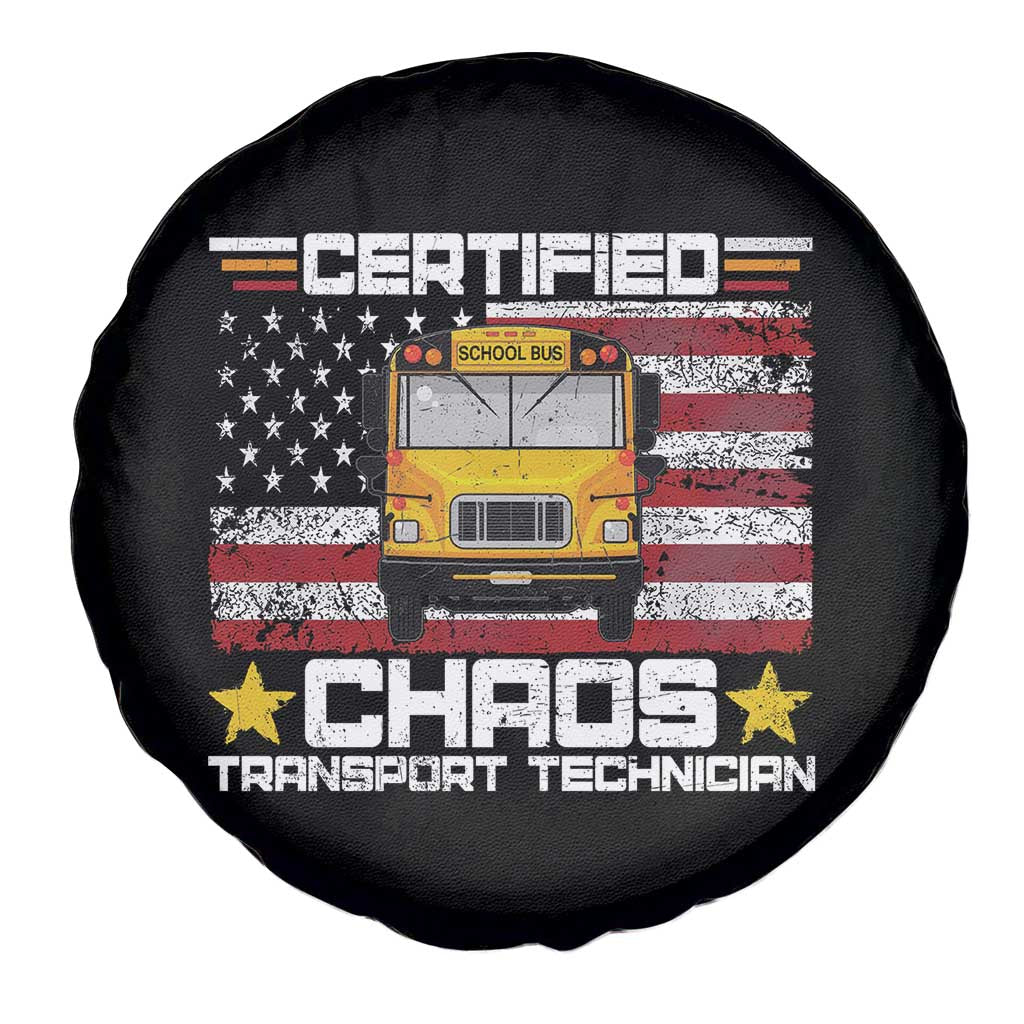 Certified Chaos Transport Technician Spare Tire Cover Patriotic School Bus Driver USA American Flag