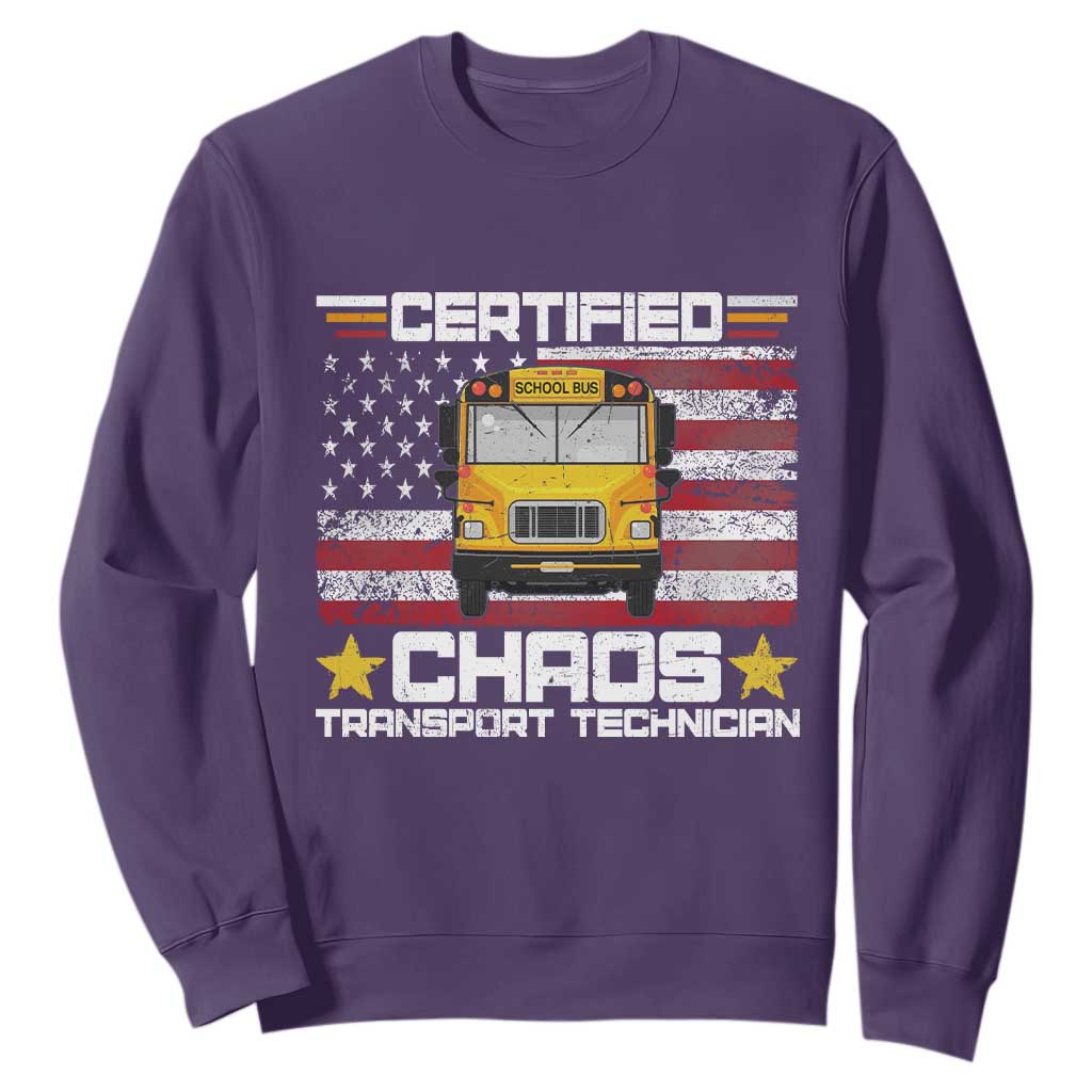 Certified Chaos Transport Technician Sweatshirt Patriotic School Bus Driver USA American Flag