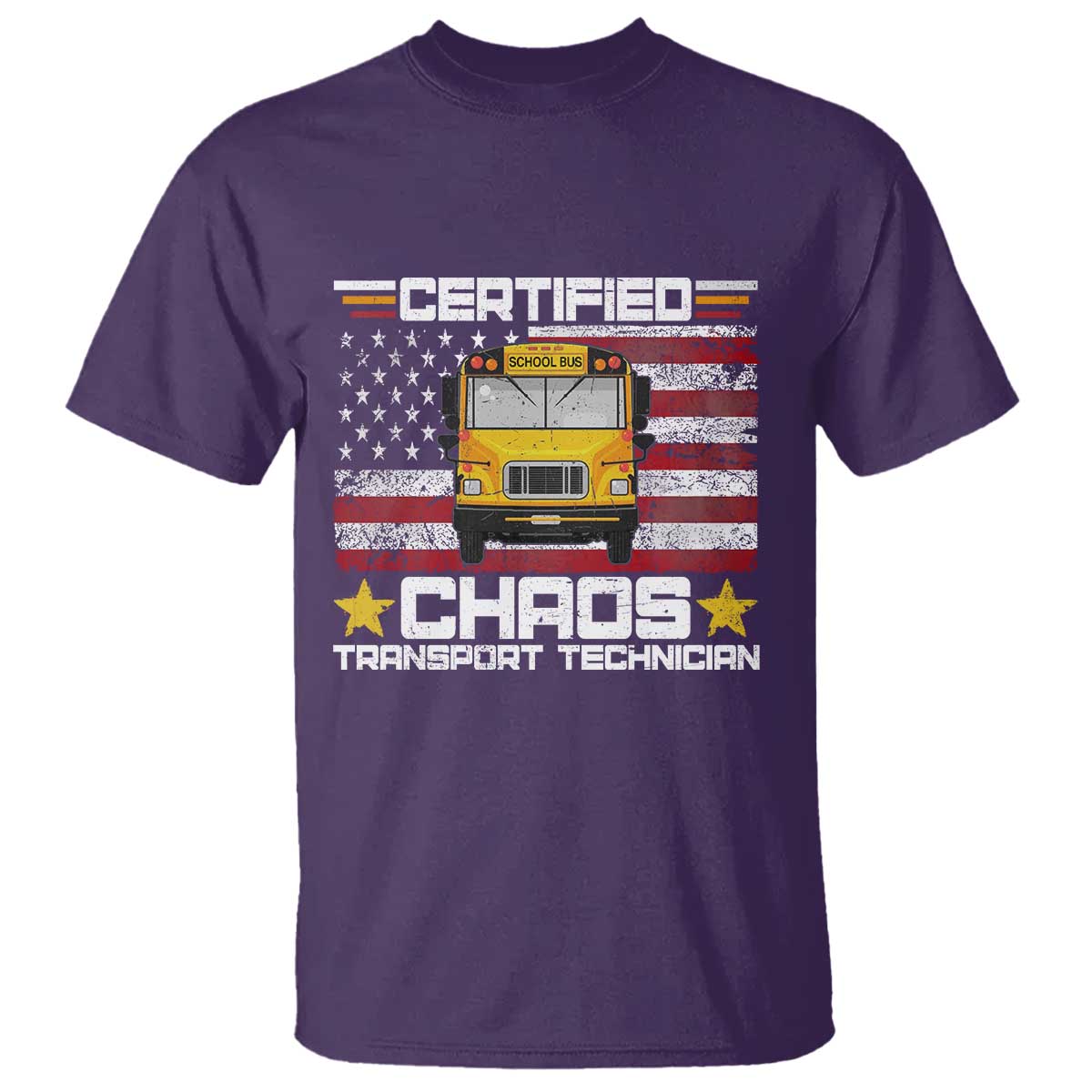 Certified Chaos Transport Technician T Shirt Patriotic School Bus Driver USA American Flag