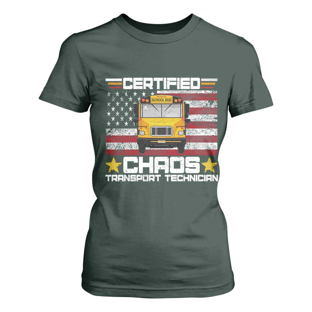 Certified Chaos Transport Technician T Shirt For Women Patriotic School Bus Driver USA American Flag