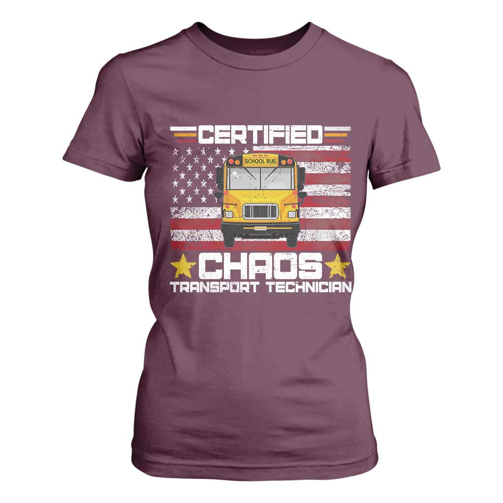Certified Chaos Transport Technician T Shirt For Women Patriotic School Bus Driver USA American Flag