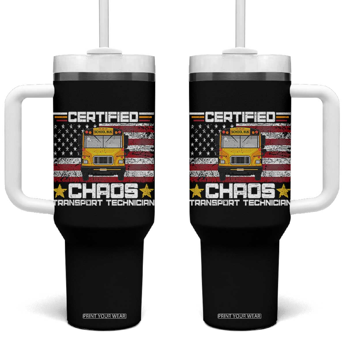 Certified Chaos Transport Technician Tumbler With Handle Patriotic School Bus Driver USA American Flag