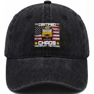 Certified Chaos Transport Technician Washed Cotton Baseball Cap Patriotic School Bus Driver USA American Flag