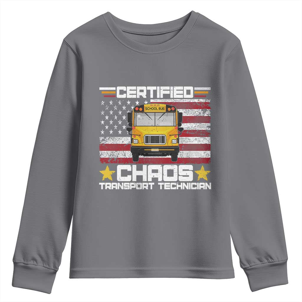 Certified Chaos Transport Technician Youth Sweatshirt Patriotic School Bus Driver USA American Flag