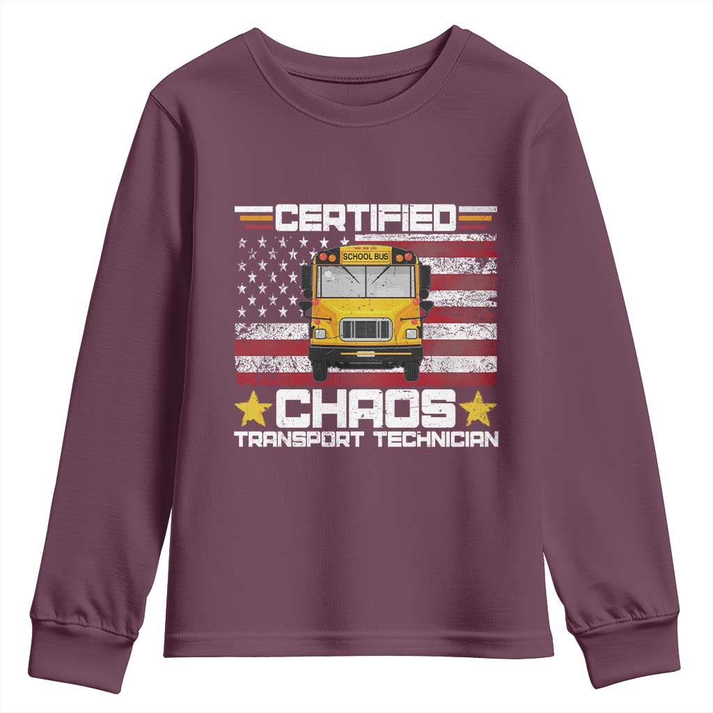 Certified Chaos Transport Technician Youth Sweatshirt Patriotic School Bus Driver USA American Flag