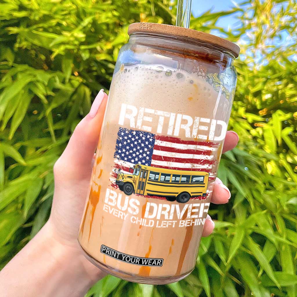 Retired School Bus Driver Glass Can Patriotic USA American Flag