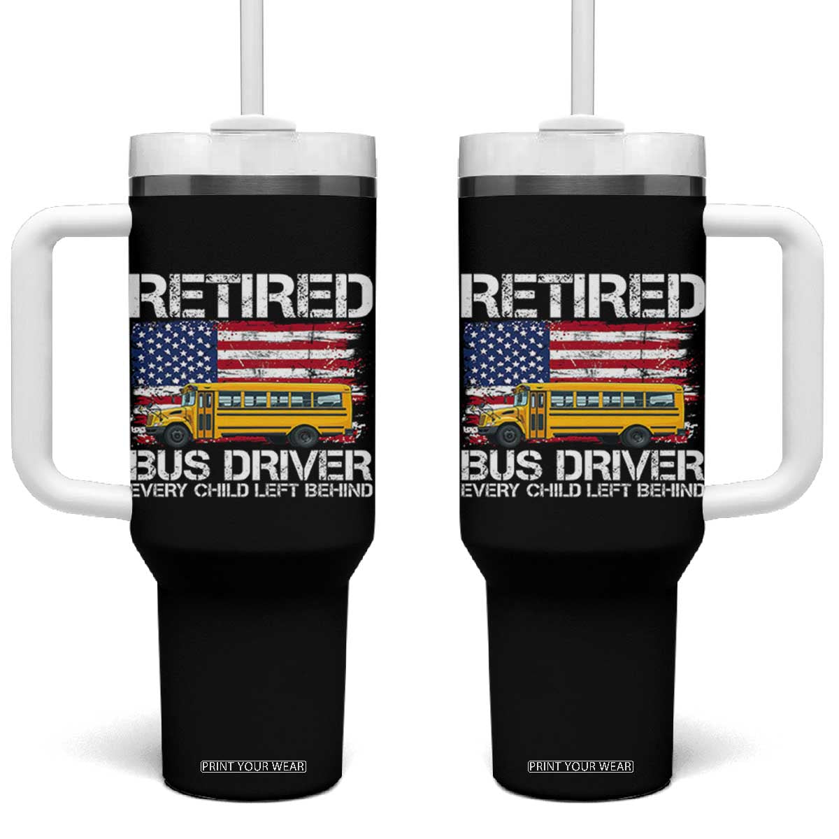 Retired School Bus Driver Tumbler With Handle Patriotic USA American Flag TS14 One Size: 40 oz Black Print Your Wear