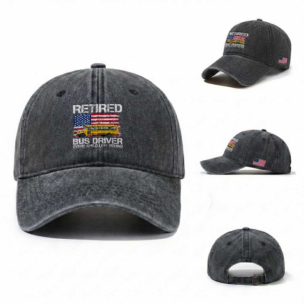 Retired School Bus Driver Washed Cotton Baseball Cap Patriotic USA American Flag