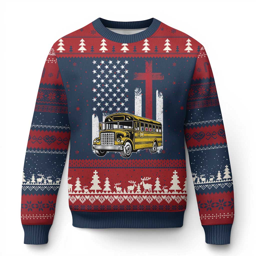 Bus Driver Patriotic Christian USA Flag Ugly Christmas Sweater School Bus Driver TS14 Navy Red Print Your Wear