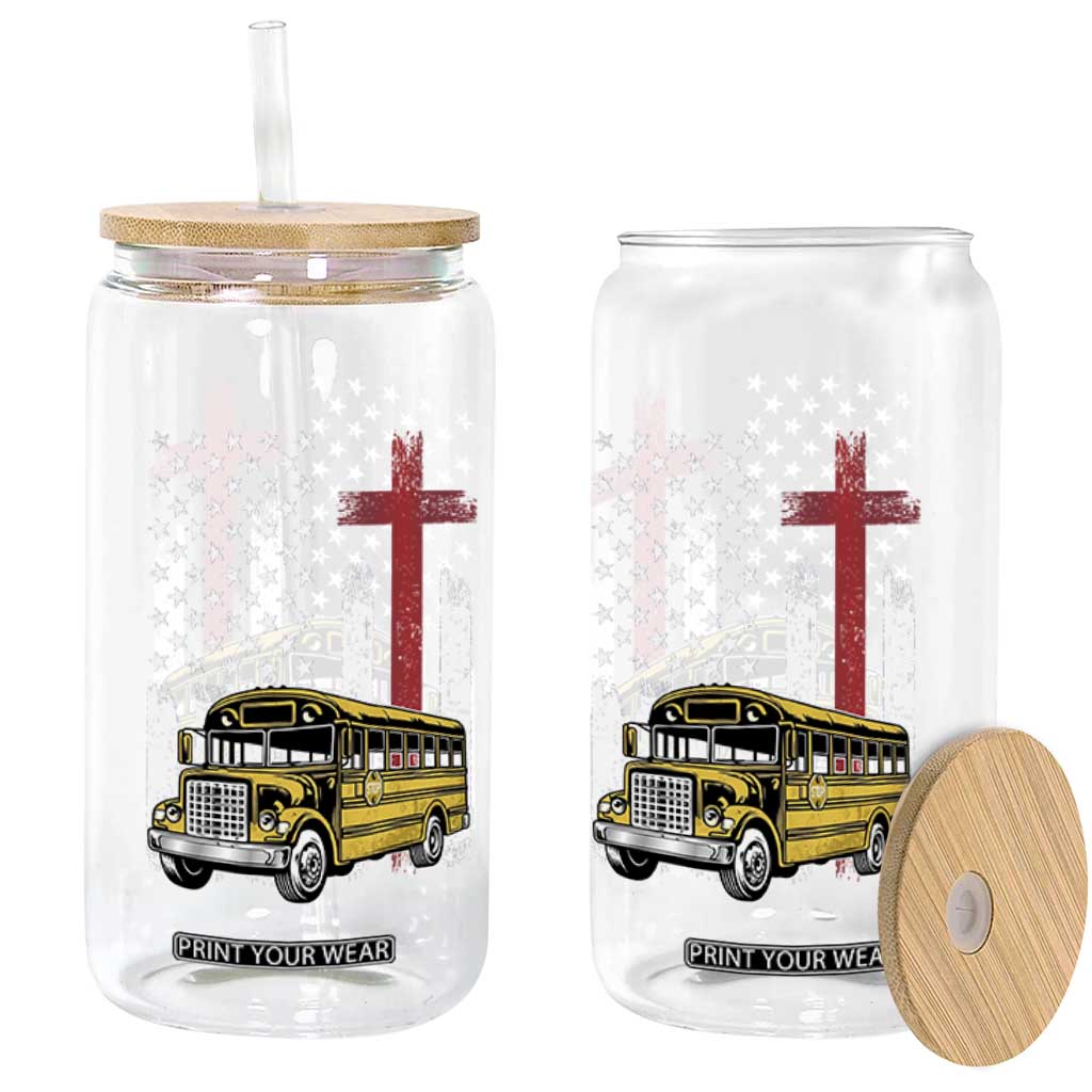 Bus Driver Patriotic Christian USA Flag Glass Can School Bus Driver