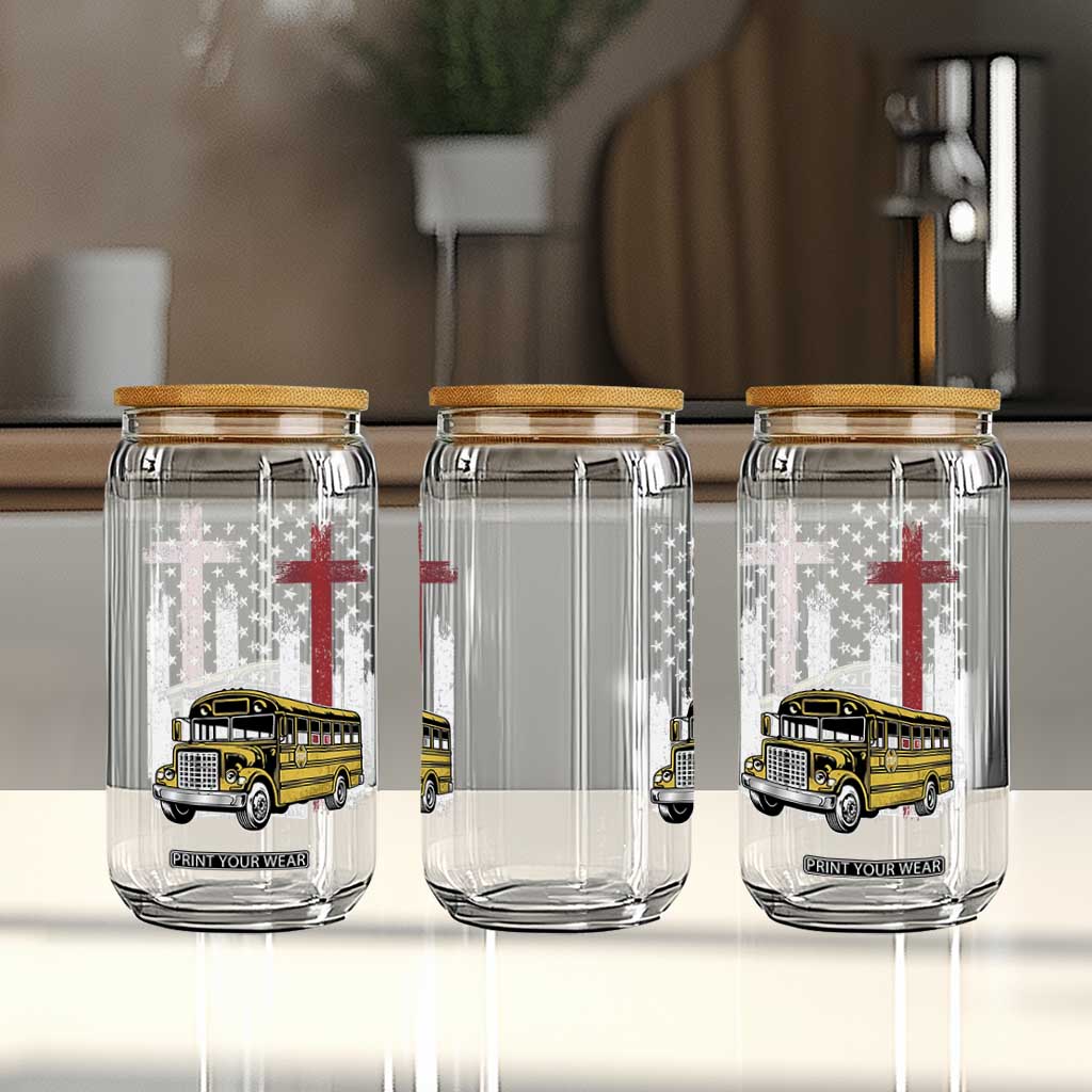 Bus Driver Patriotic Christian USA Flag Glass Can School Bus Driver