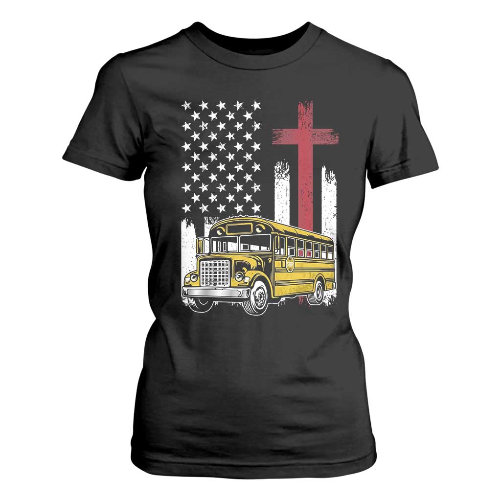 Bus Driver Patriotic Christian USA Flag T Shirt For Women School Bus Driver