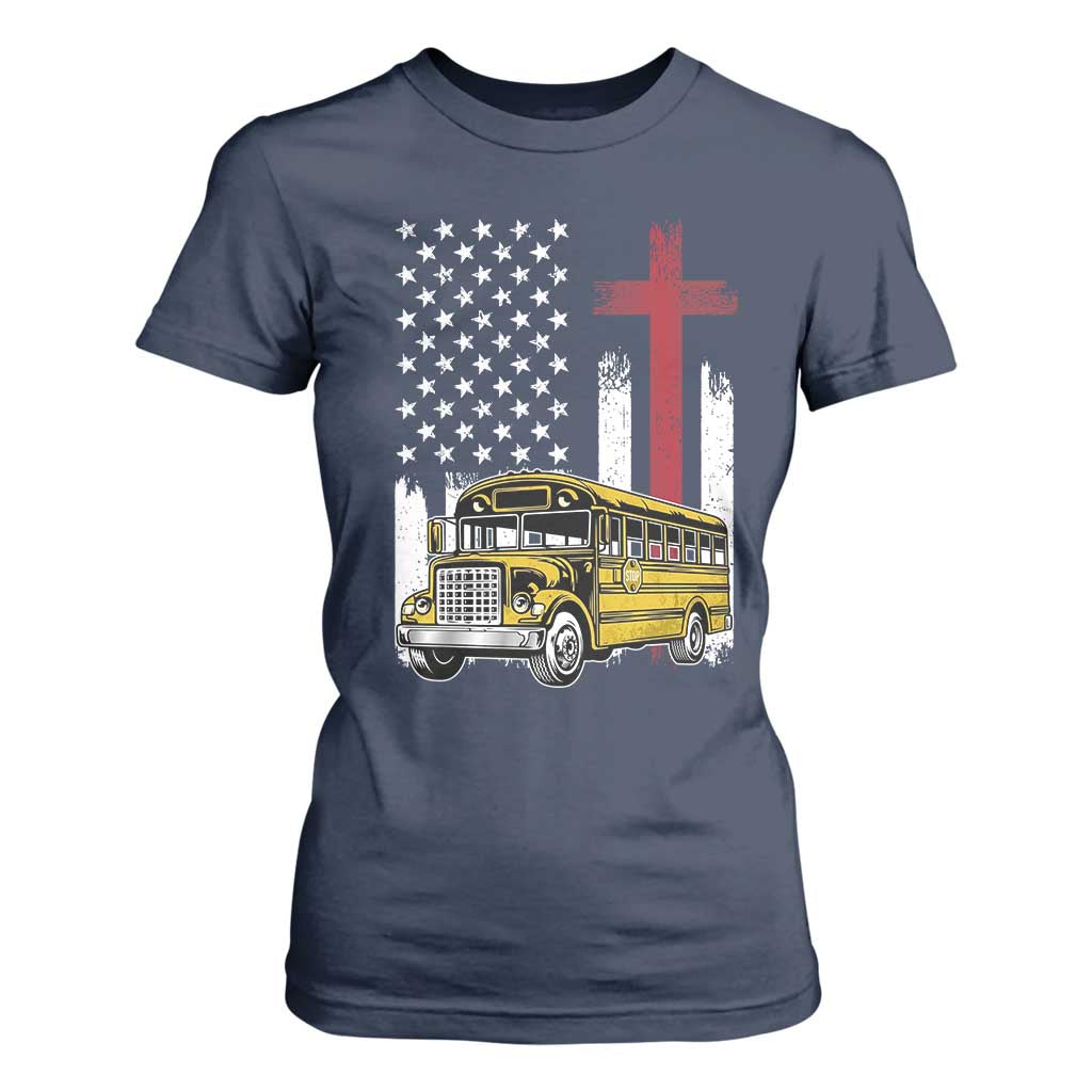 Bus Driver Patriotic Christian USA Flag T Shirt For Women School Bus Driver
