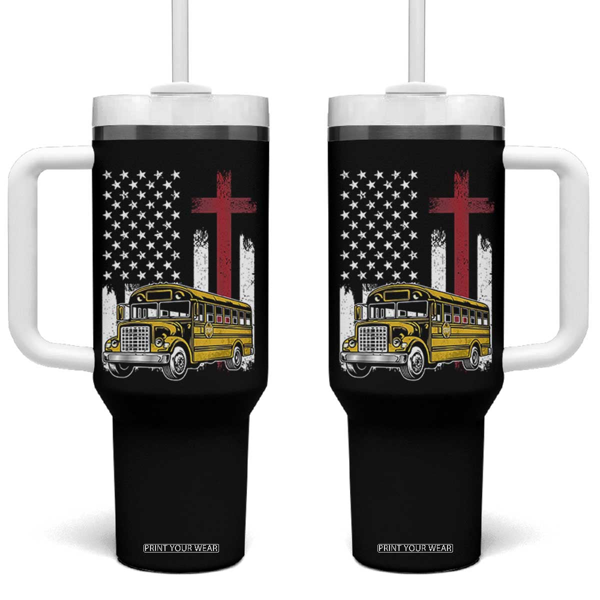 Bus Driver Patriotic Christian USA Flag Tumbler With Handle School Bus Driver TS14 One Size: 40 oz Black Print Your Wear