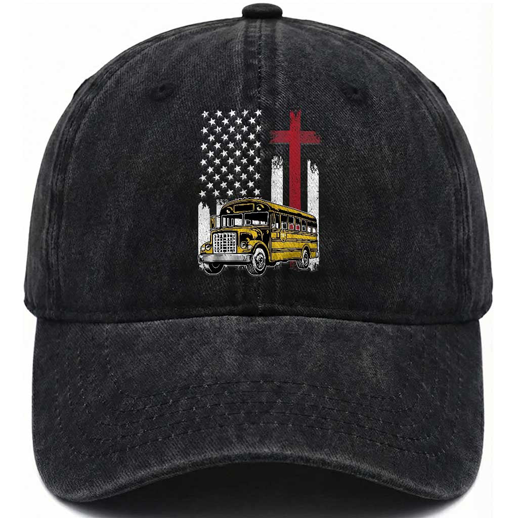 Bus Driver Patriotic Christian USA Flag Washed Cotton Baseball Cap School Bus Driver TS14 Print Your Wear