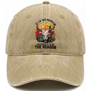Cow Bull Skull Washed Cotton Baseball Cap If Problem Vintage Then You Might Be Reason TS14 Washed Cap Universal Fit Khaki Print Your Wear