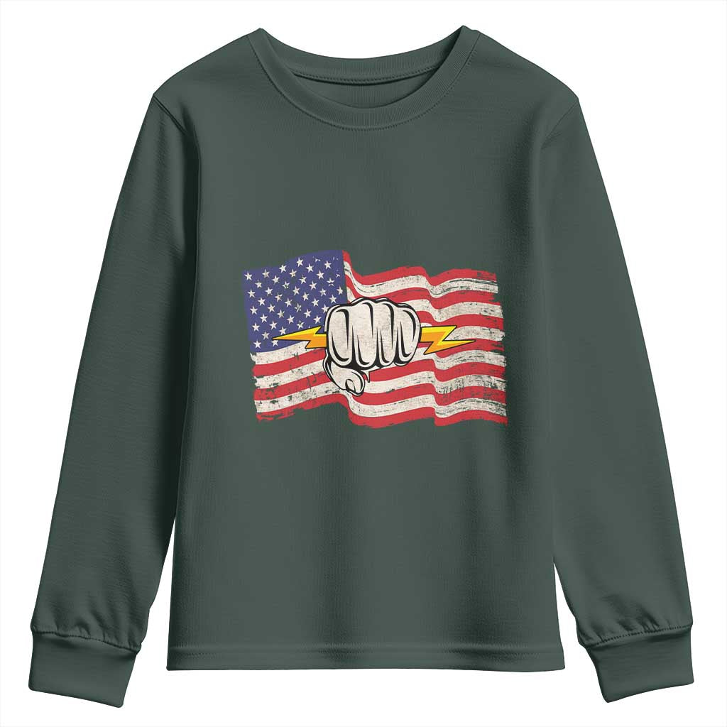 Electrician American Flag Youth Sweatshirt Patriotic Electrical Worker TS14 Dark Forest Green Print Your Wear