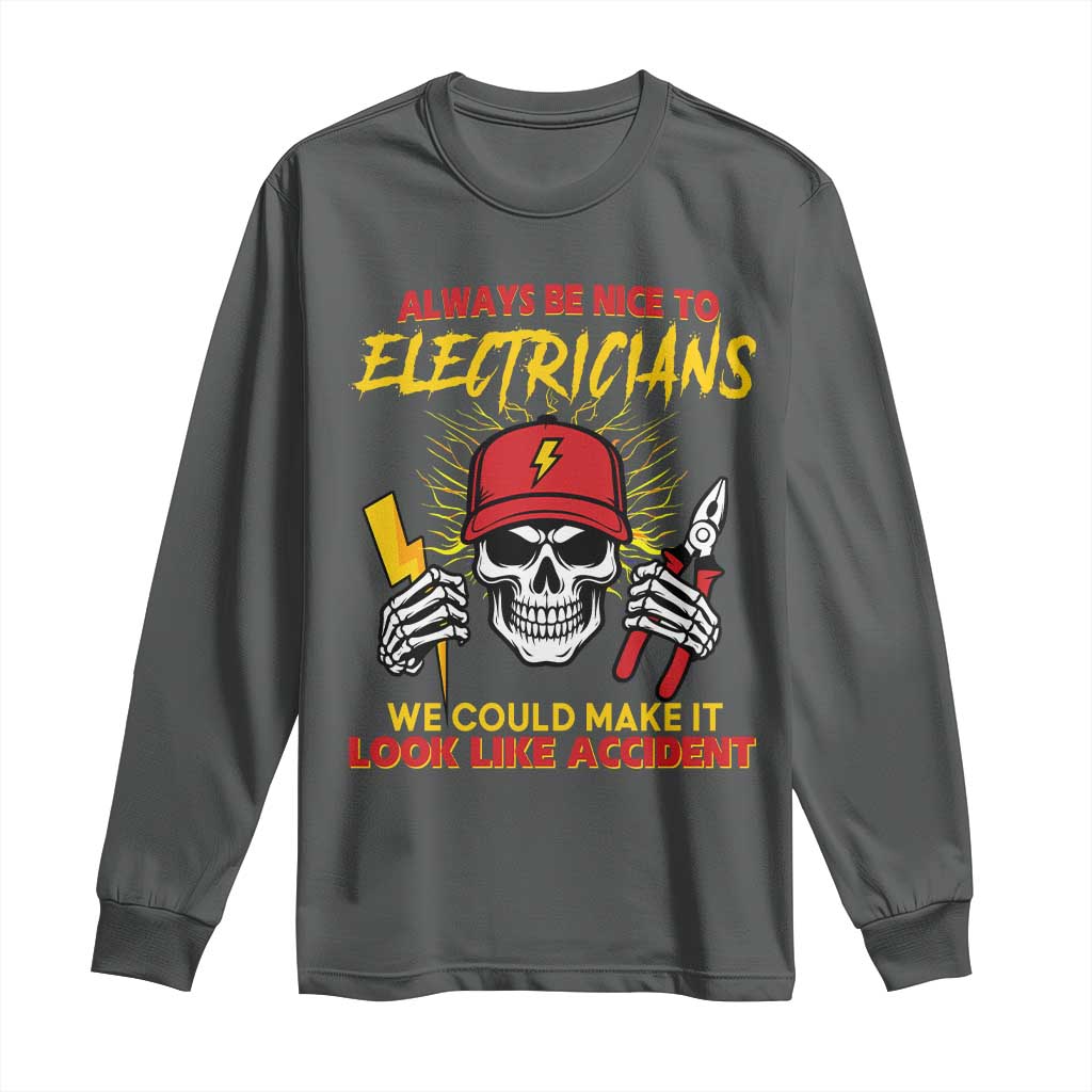 Funny Electrician Skull Long Sleeve Shirt Electrical Engineer Electricity Lineman TS14 Dark Heather Print Your Wear