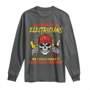 Funny Electrician Skull Long Sleeve Shirt Electrical Engineer Electricity Lineman TS14 Dark Heather Print Your Wear