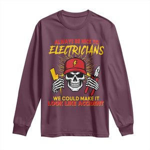 Funny Electrician Skull Long Sleeve Shirt Electrical Engineer Electricity Lineman TS14 Maroon Print Your Wear