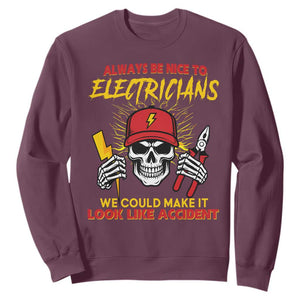 Funny Electrician Skull Sweatshirt Electrical Engineer Electricity Lineman TS14 Maroon Print Your Wear