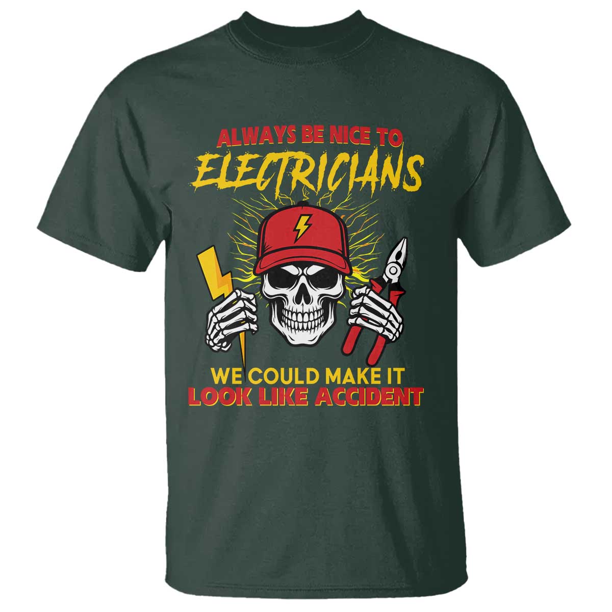 Funny Electrician Skull T Shirt Electrical Engineer Electricity Lineman TS14 Dark Forest Green Print Your Wear