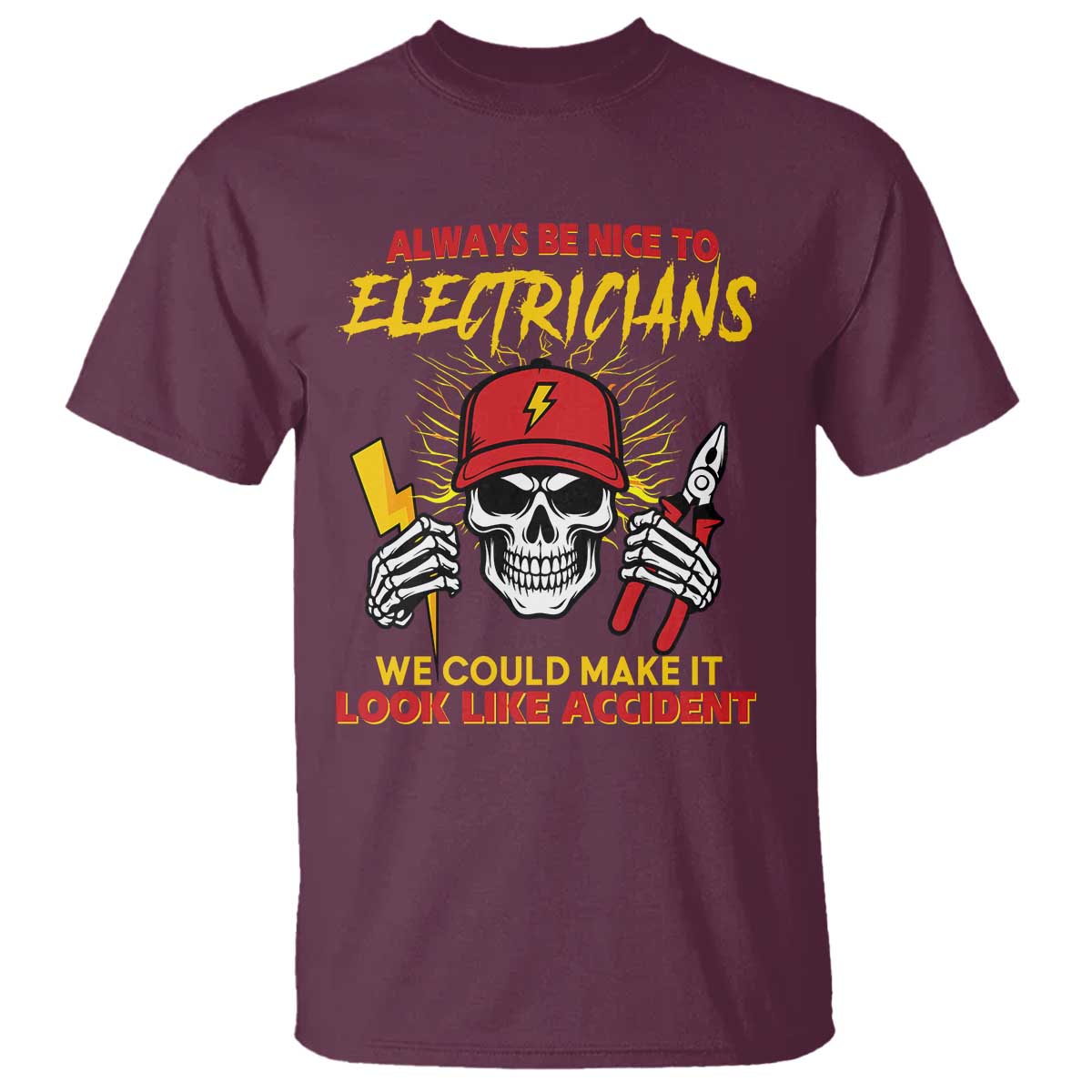 Funny Electrician Skull T Shirt Electrical Engineer Electricity Lineman TS14 Maroon Print Your Wear