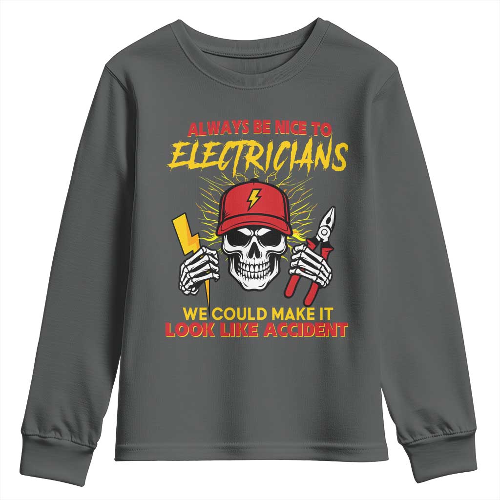 Funny Electrician Skull Youth Sweatshirt Electrical Engineer Electricity Lineman TS14 Dark Heather Print Your Wear