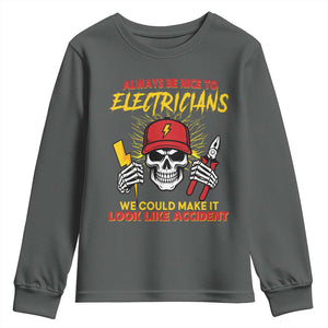 Funny Electrician Skull Youth Sweatshirt Electrical Engineer Electricity Lineman TS14 Dark Heather Print Your Wear