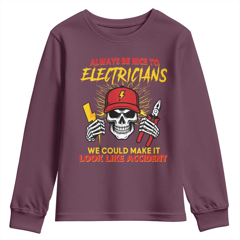Funny Electrician Skull Youth Sweatshirt Electrical Engineer Electricity Lineman TS14 Maroon Print Your Wear